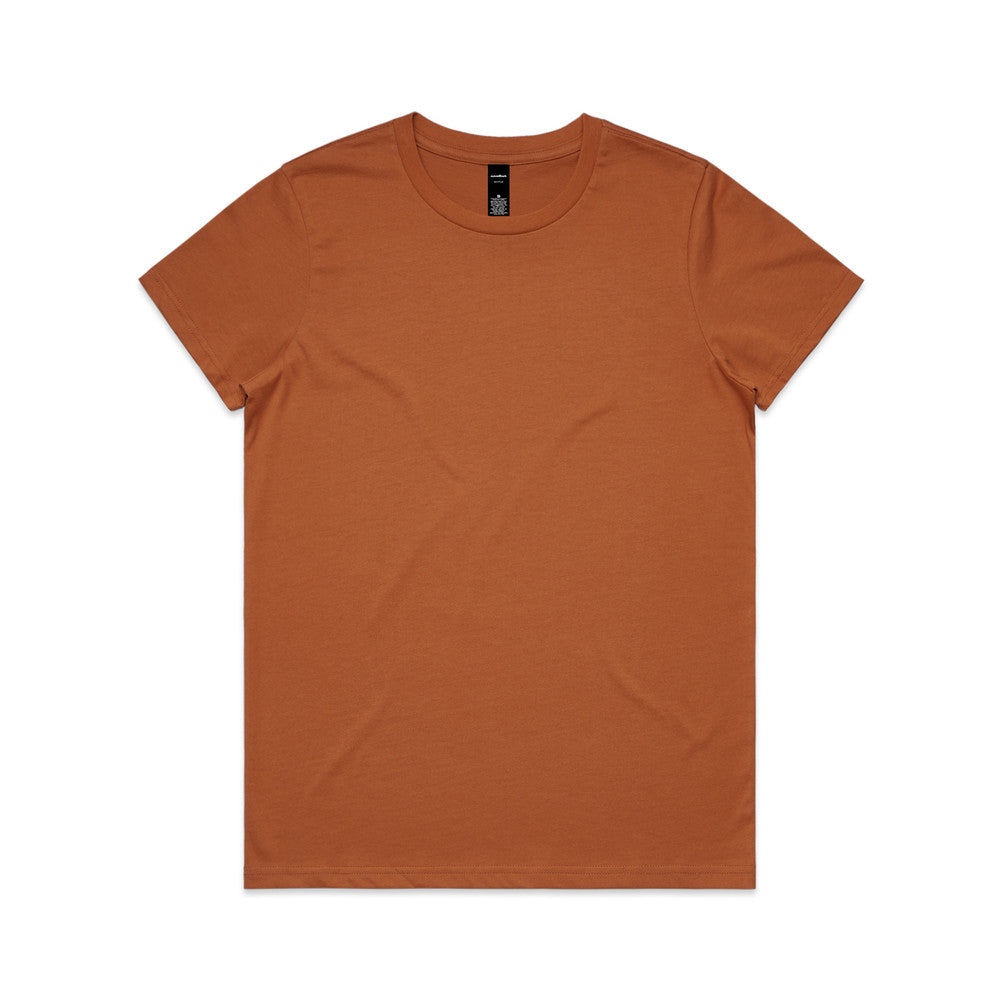Rust-colored crew neck t-shirt with short sleeves and a simple design.