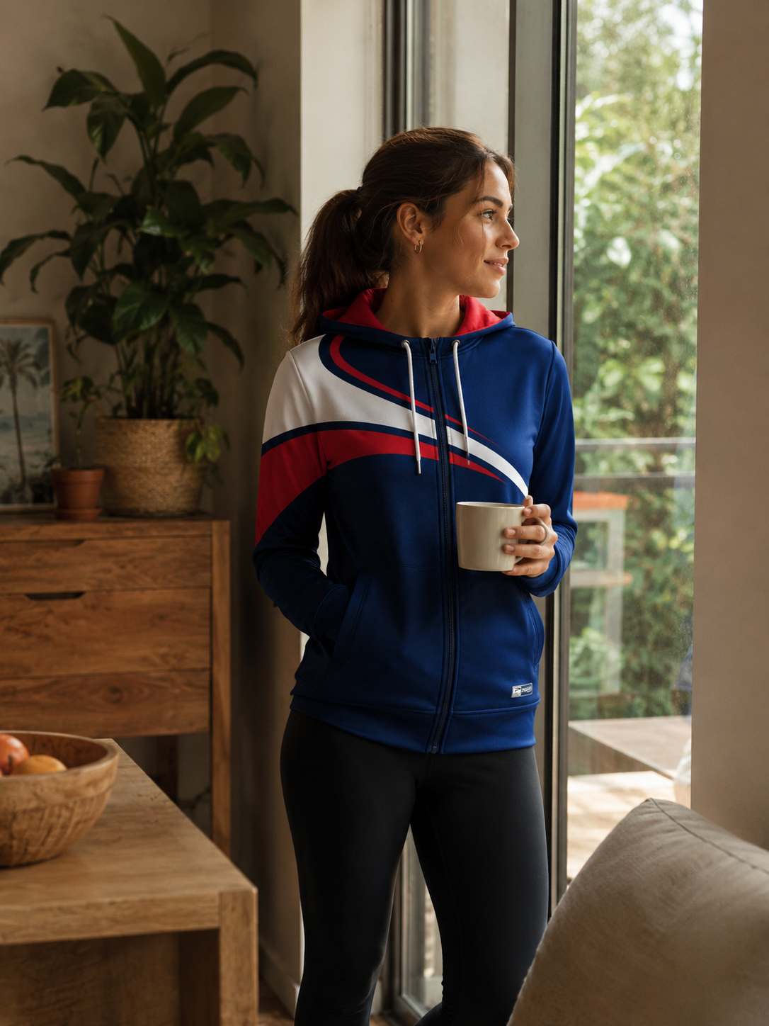 Woman in a blue, red, and white hoodie holding a mug by a window