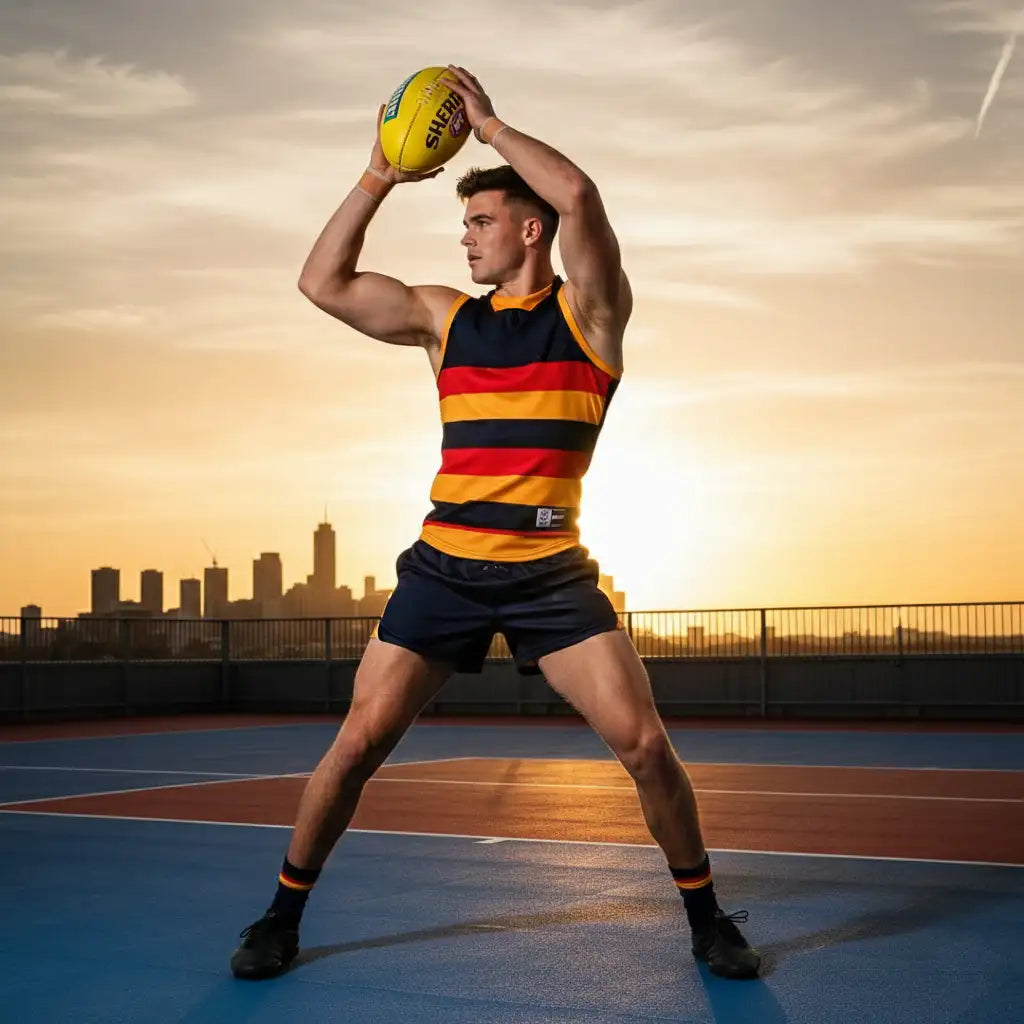Yellow leather afl football with black and red stripes