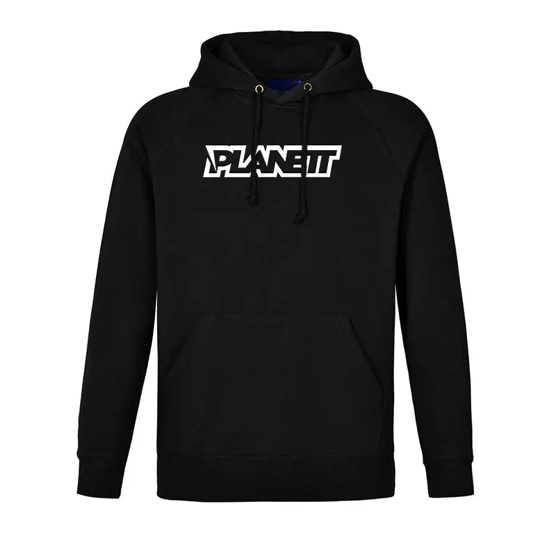 Black hoodie with white logo.