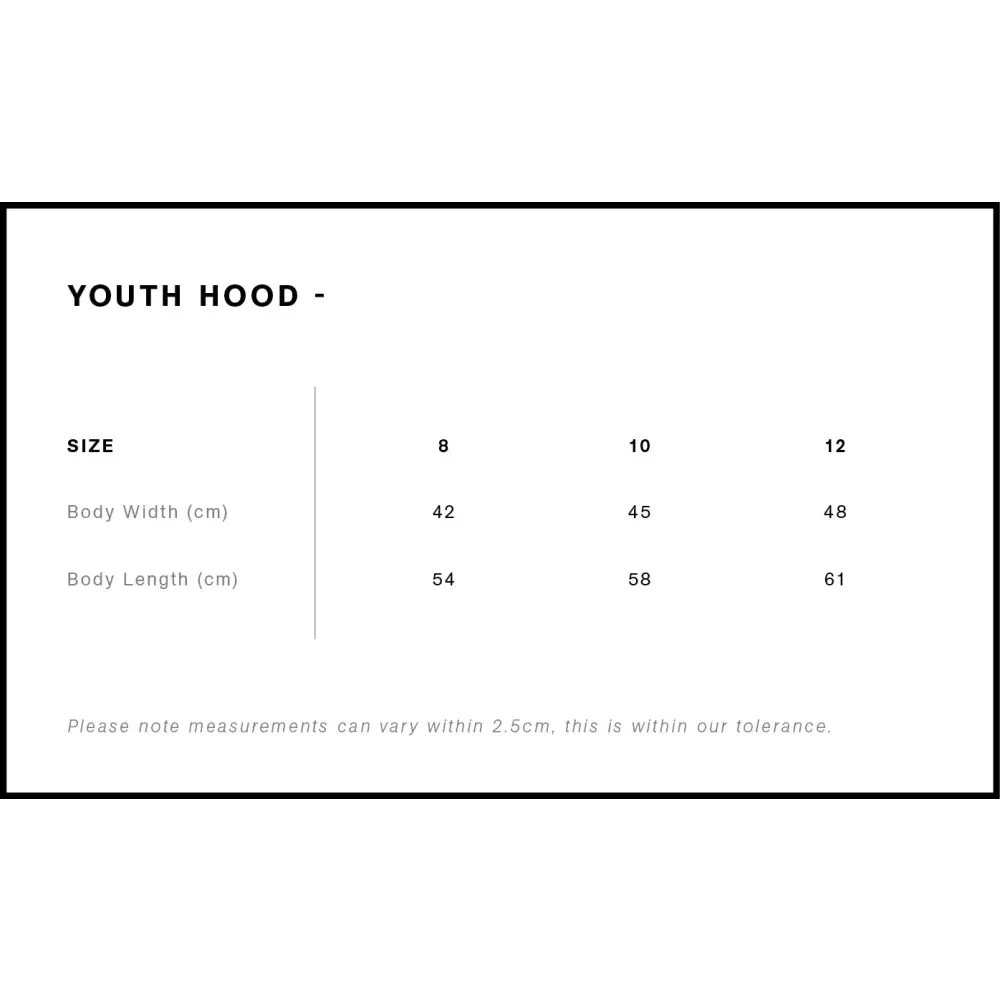 Youth hood size chart.