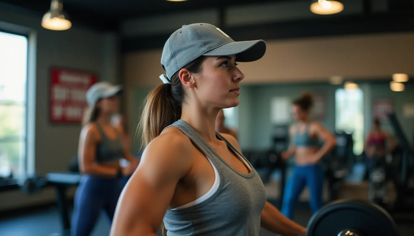 Woman lifting barbell in gym promoting Planett’s versatile cap collection for active lifestyles.