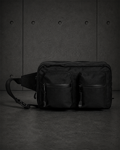 Recycled Double Waist Bag 1025 blank product on dark industrial concrete background