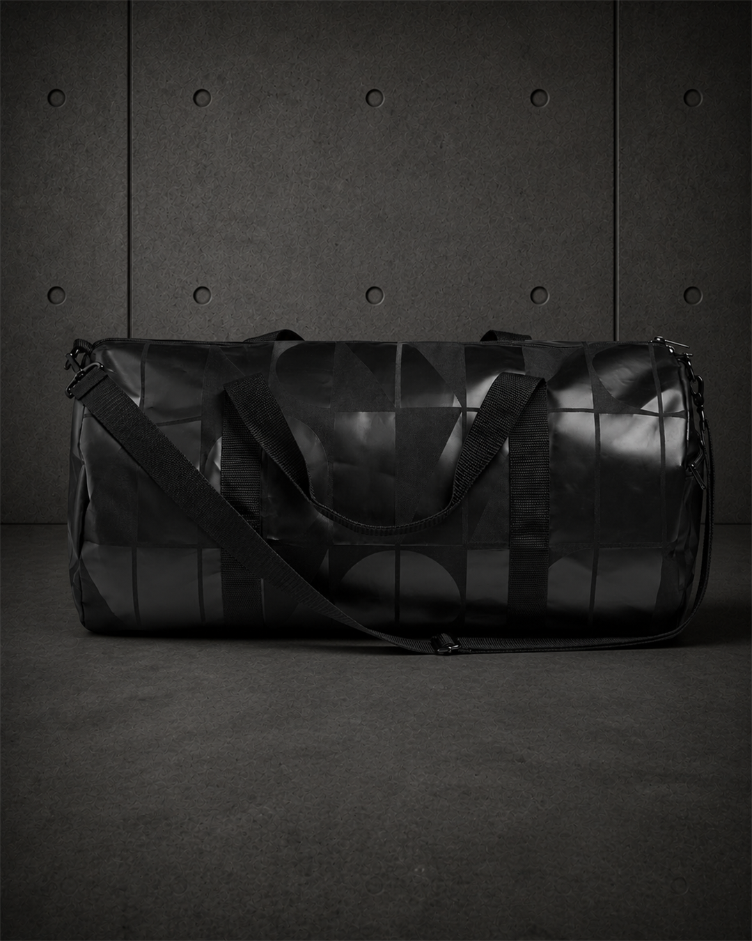 Area Pattern Duffel Bag 1035 blank product on dark industrial concrete background