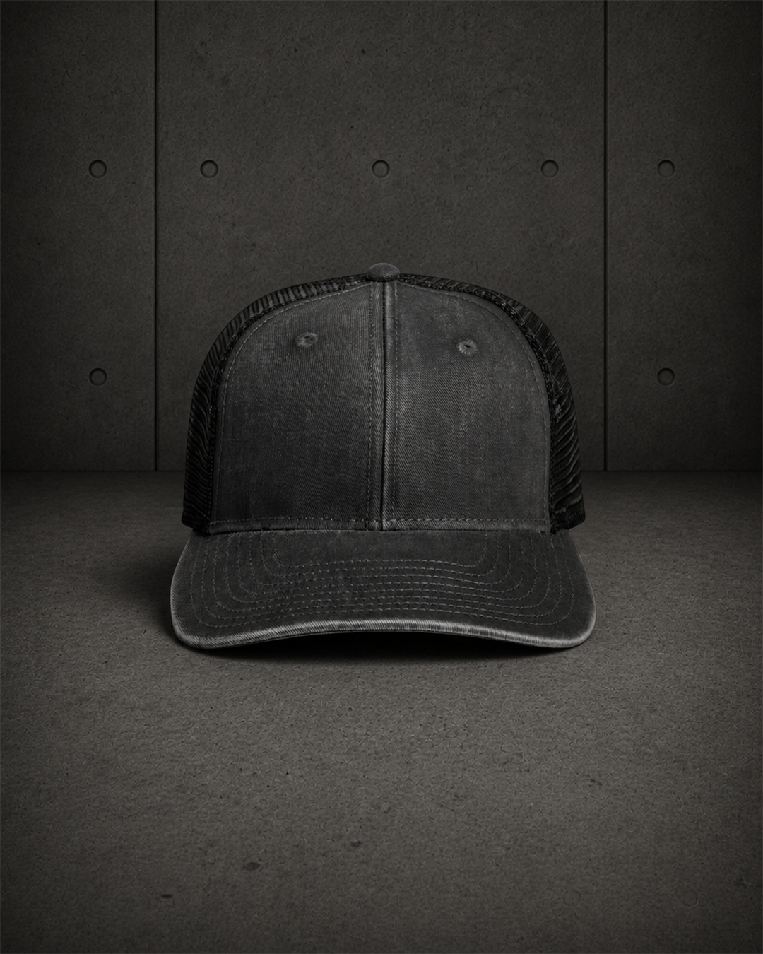 Stock Faded Trucker 1102 blank product on dark industrial concrete background