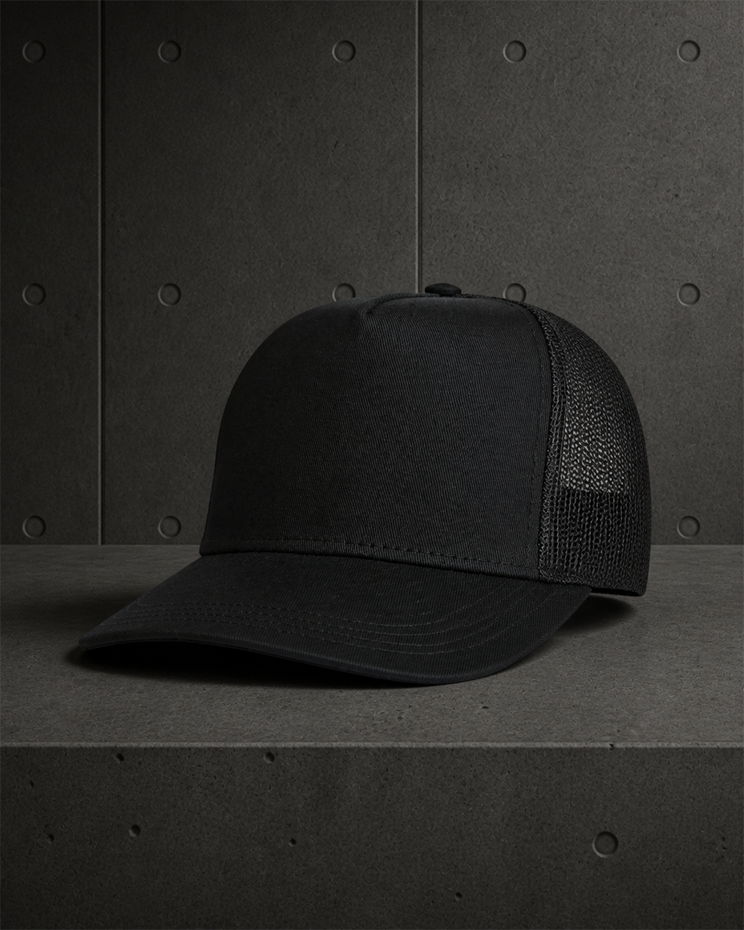 Stock Trucker Cap 1108 blank product on dark industrial concrete background