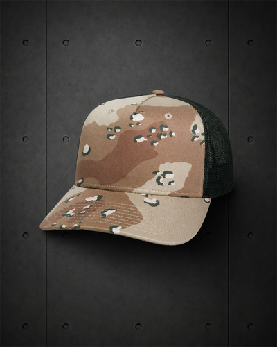 Stock Contrast Camo Trucker 1110C blank product on dark industrial concrete background