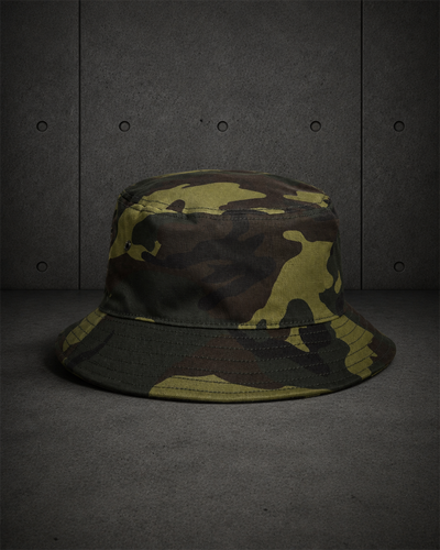 Camo Bucket Hat 1117C blank product on dark industrial concrete background