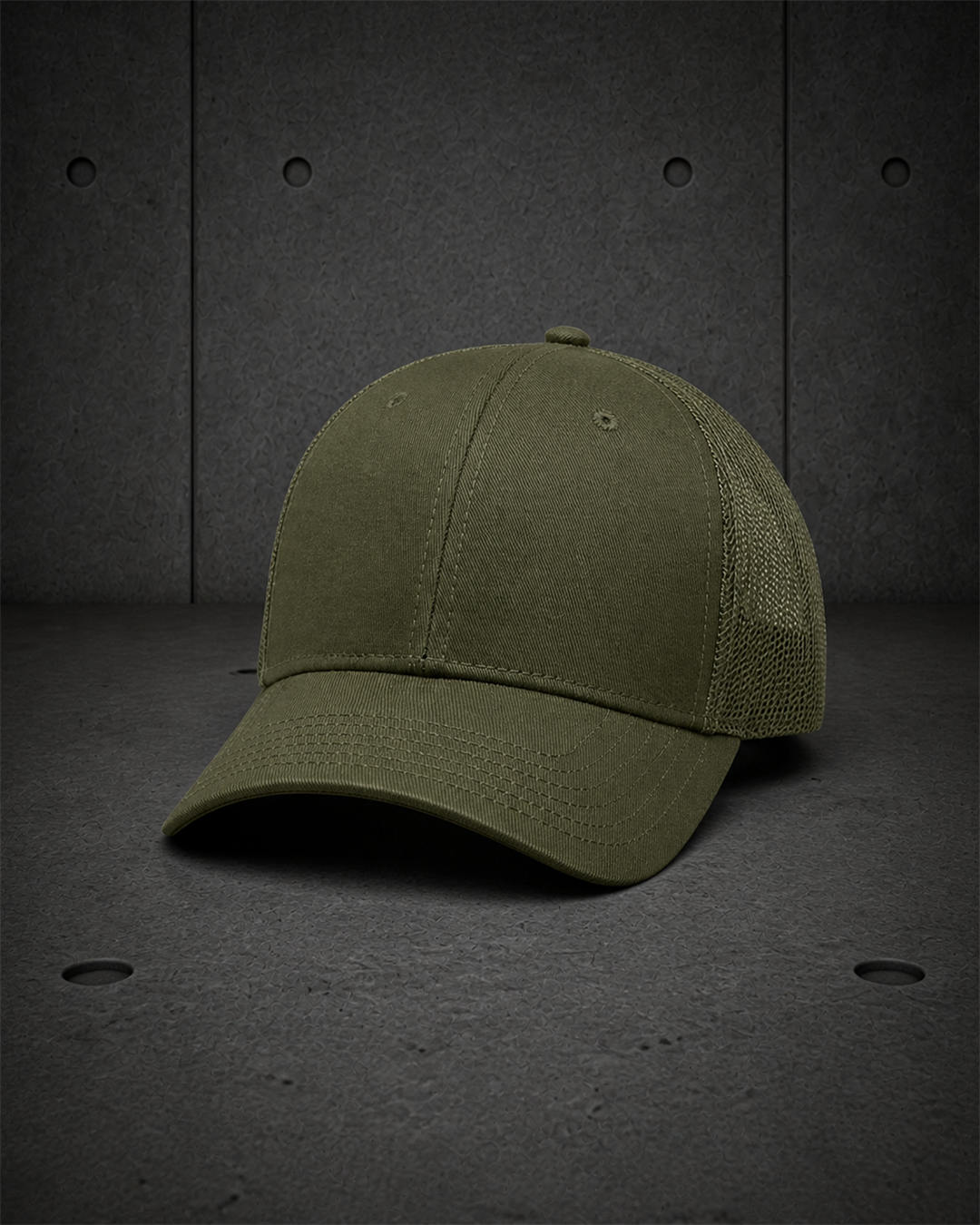 Icon Trucker Cap 1141 blank product on dark industrial concrete background