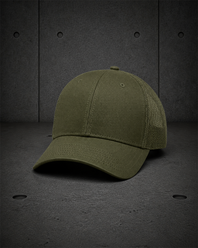 Icon Trucker Cap 1141 blank product on dark industrial concrete background