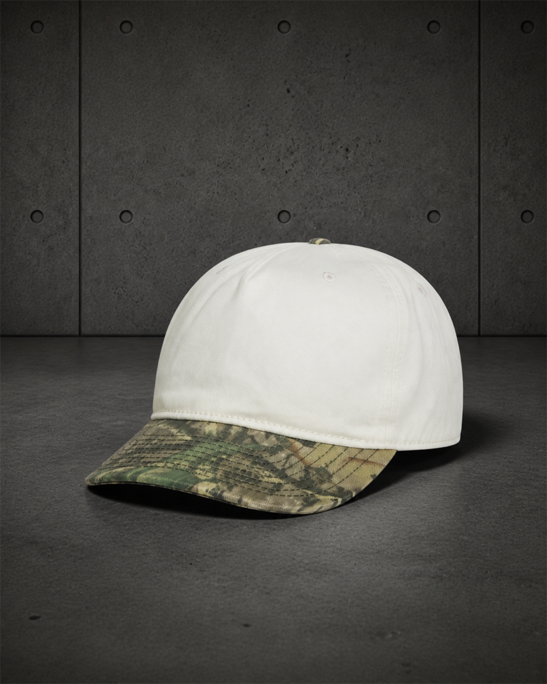 Class Two-Tone Camo Cap 1154C blank product on dark industrial concrete background