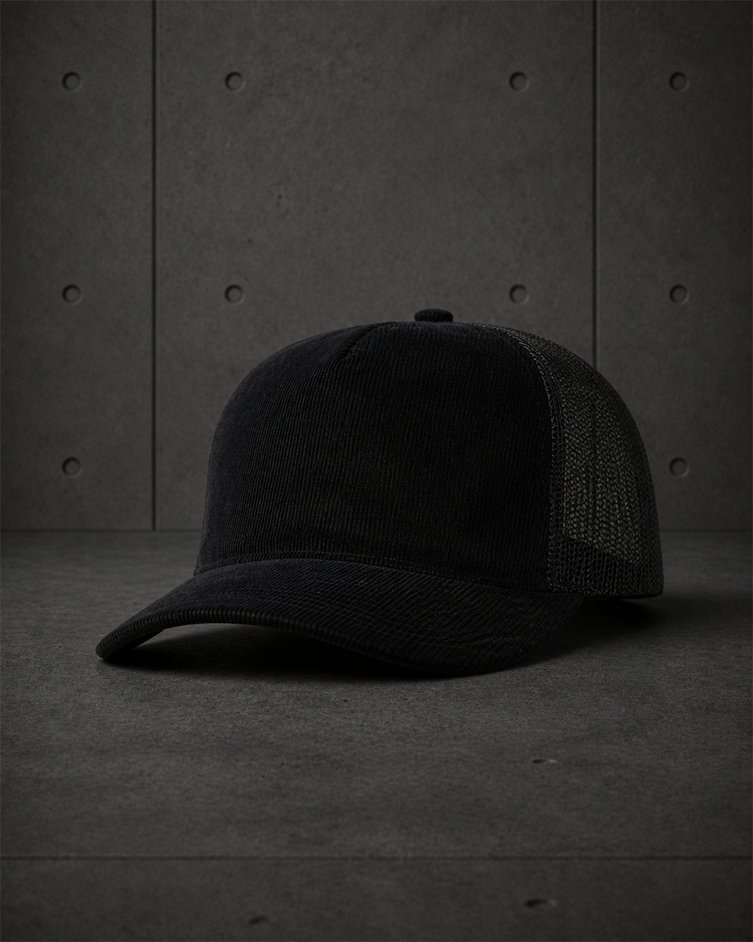 Class Cord Trucker Cap 1157 blank product on dark industrial concrete background