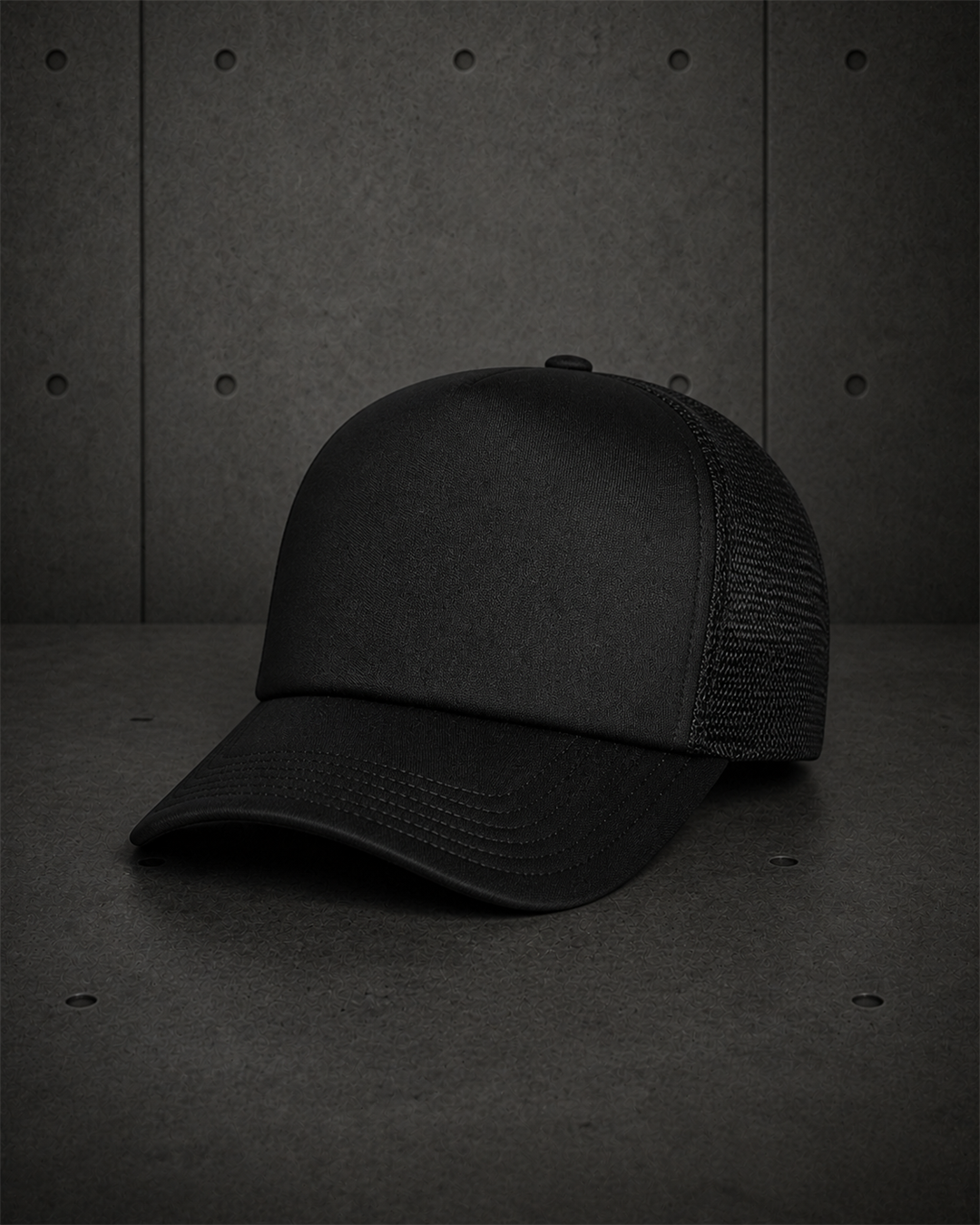 Frame Foam Trucker Cap 1161 blank product on dark industrial concrete background