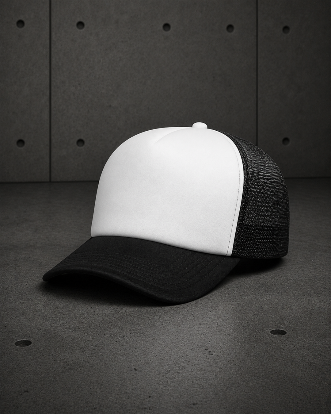 Frame Foam Two-Tone Trucker 1163 blank product on dark industrial concrete background