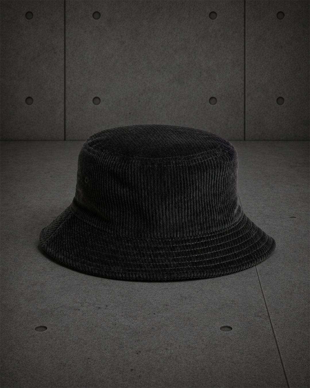 Cord Bucket Hat 1176 blank product on dark industrial concrete background