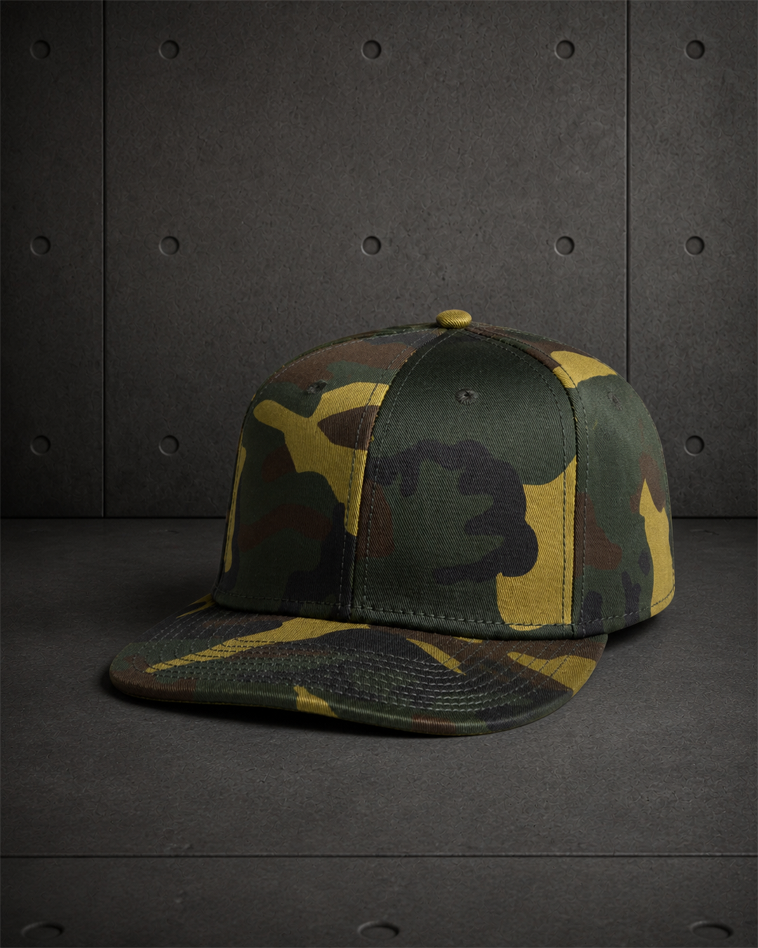 Stock Camo Cap 1183 blank product on dark industrial concrete background