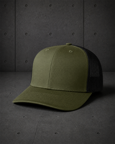 Mesh Contrast Trucker Cap 1191 blank product on dark industrial concrete background