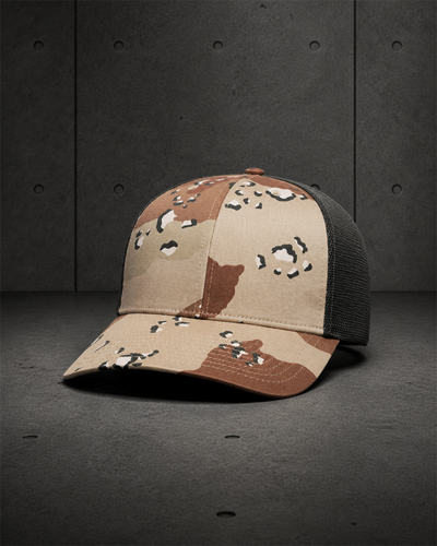 Mesh Contrast Camo Cap 1191C blank product on dark industrial concrete background