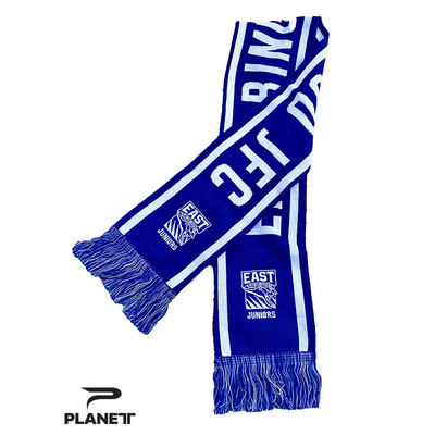 Blue and white fringed scarf.