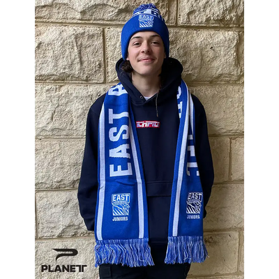 Blue and white scarf and beanie.