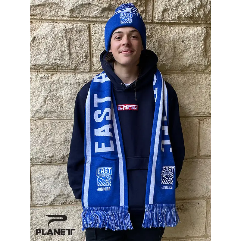 Blue and white scarf and beanie.