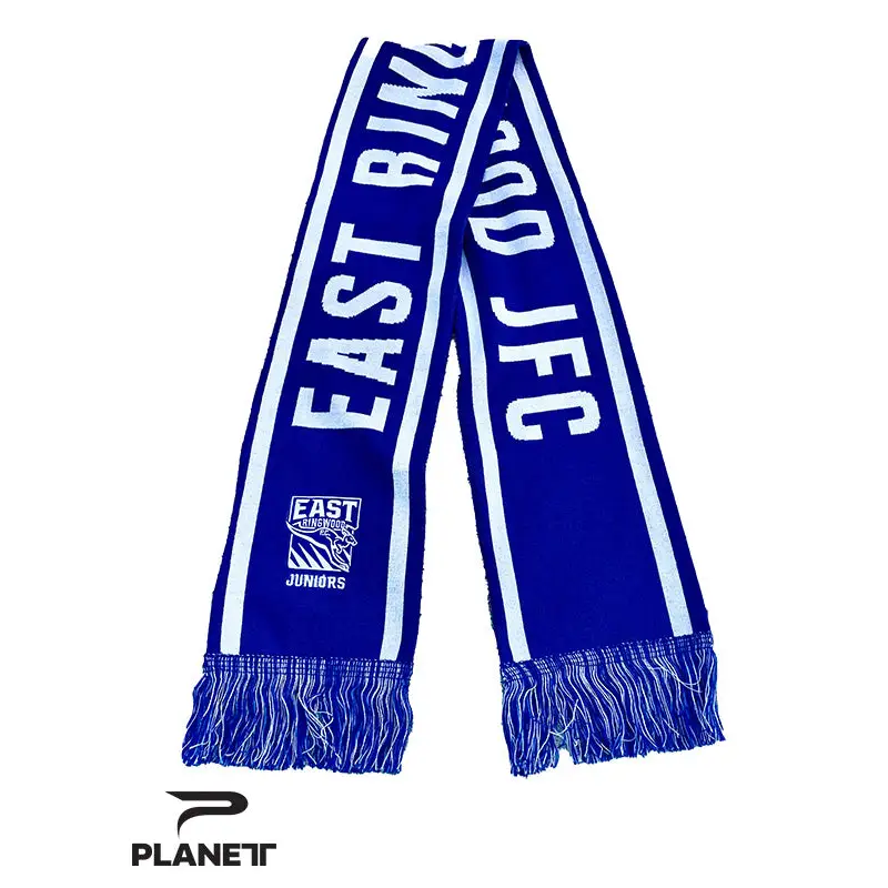 Blue and white fringed scarf.