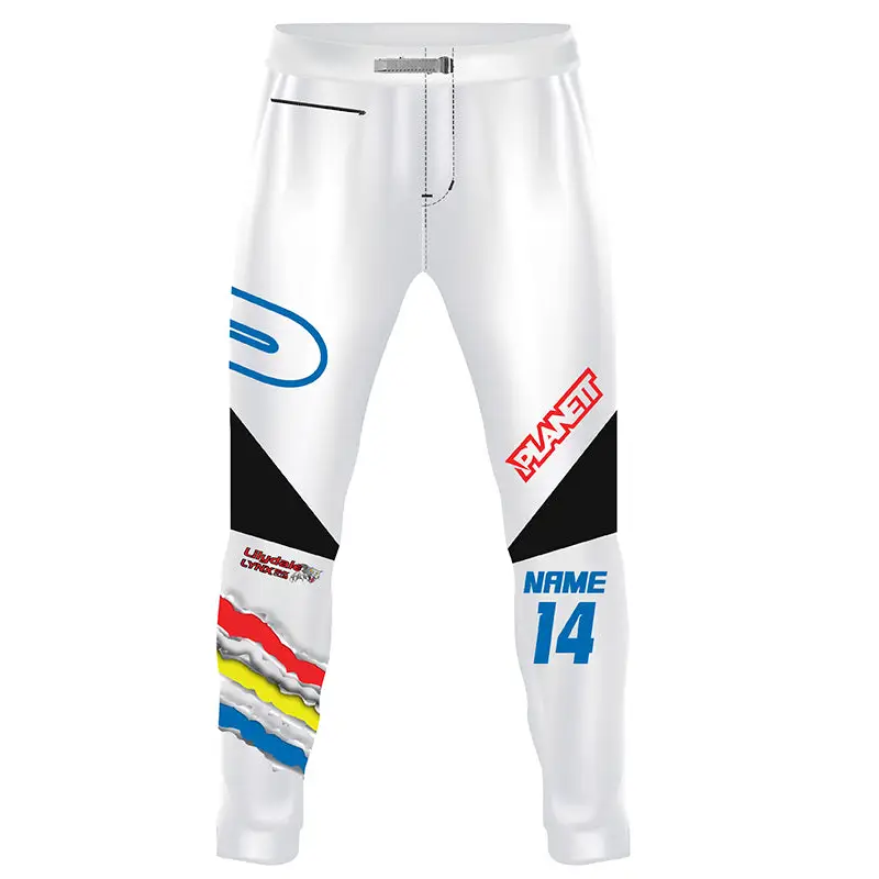 White motocross pants with colorful graphics.