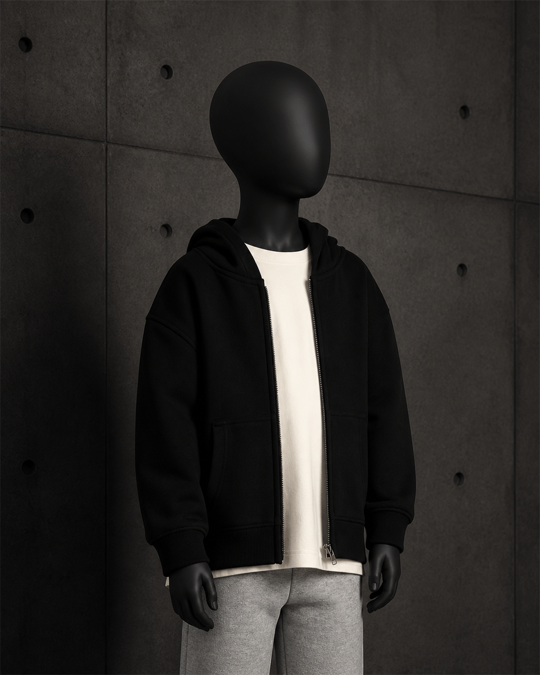 Kids Relax Zip Hood 3038 blank product on dark industrial concrete background