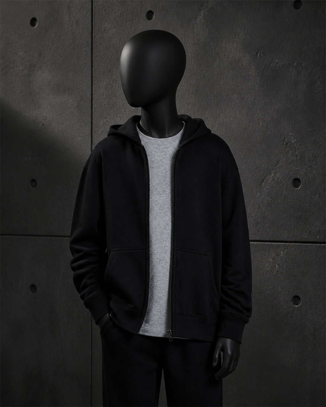 Youth Relax Zip Hood 3039 blank product on dark industrial concrete background