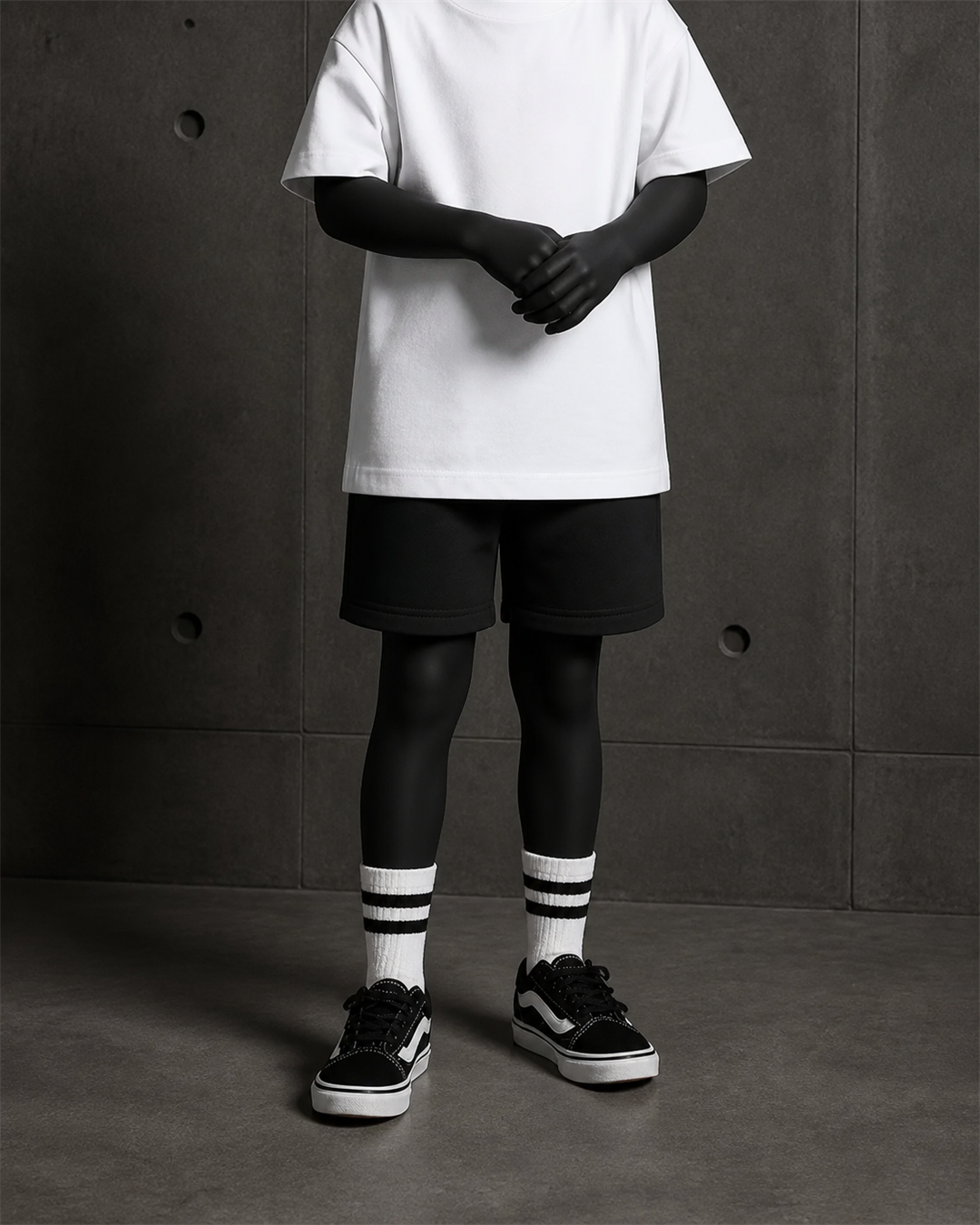 Kids Relax Track Shorts 3042 blank product on dark industrial concrete background