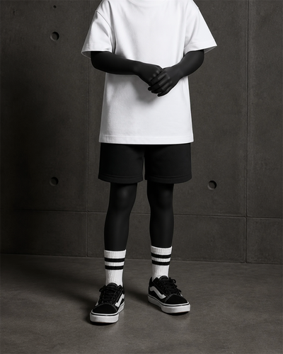 Kids Relax Track Shorts 3042 blank product on dark industrial concrete background