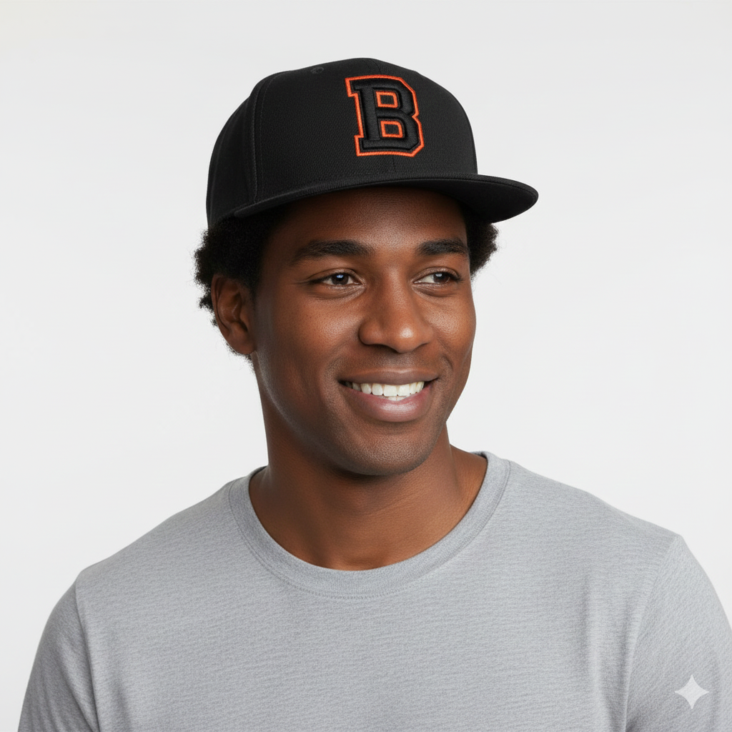 Black baseball cap with a bold orange embroidered ’b’ logo.