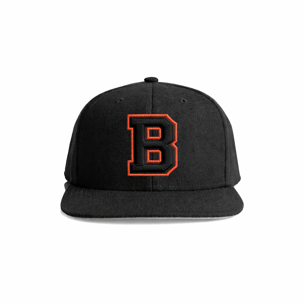 Black snapback cap with a bold orange embroidered letter ’b’ on the front.