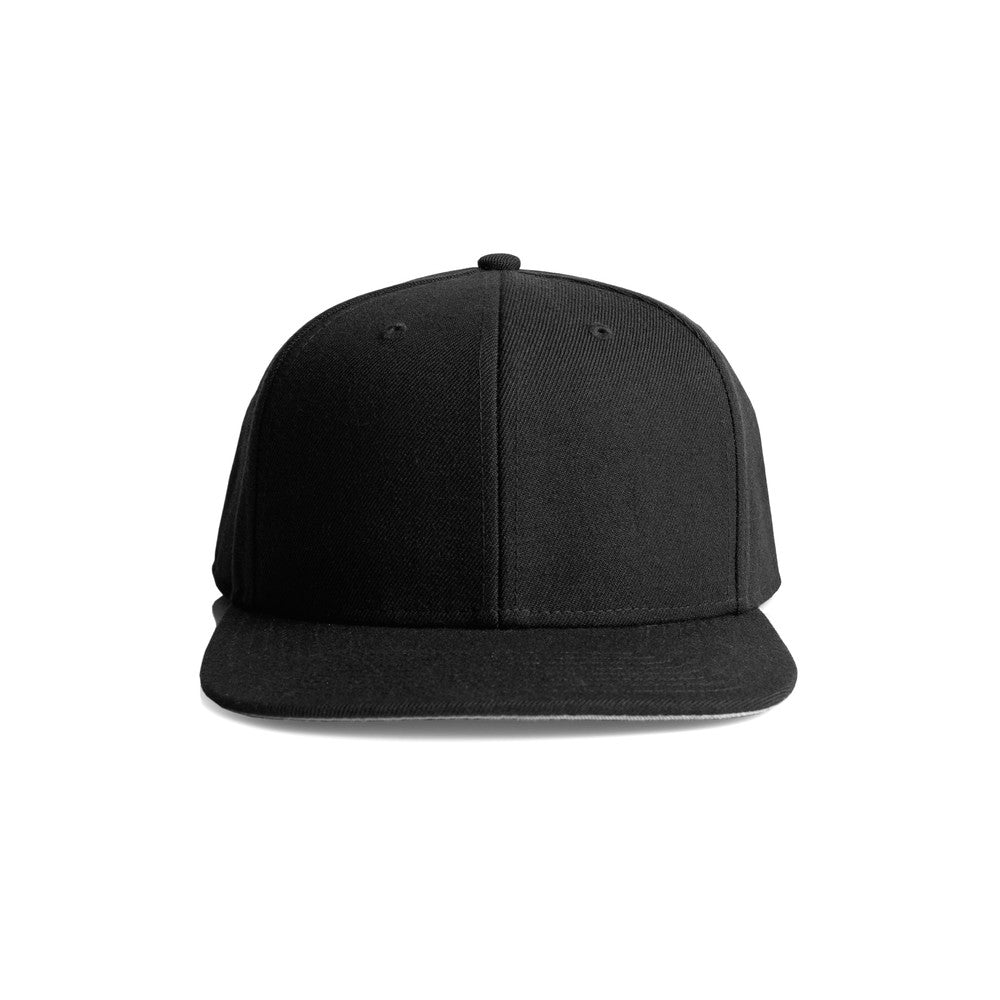 Black snapback cap with a flat brim and structured panels.