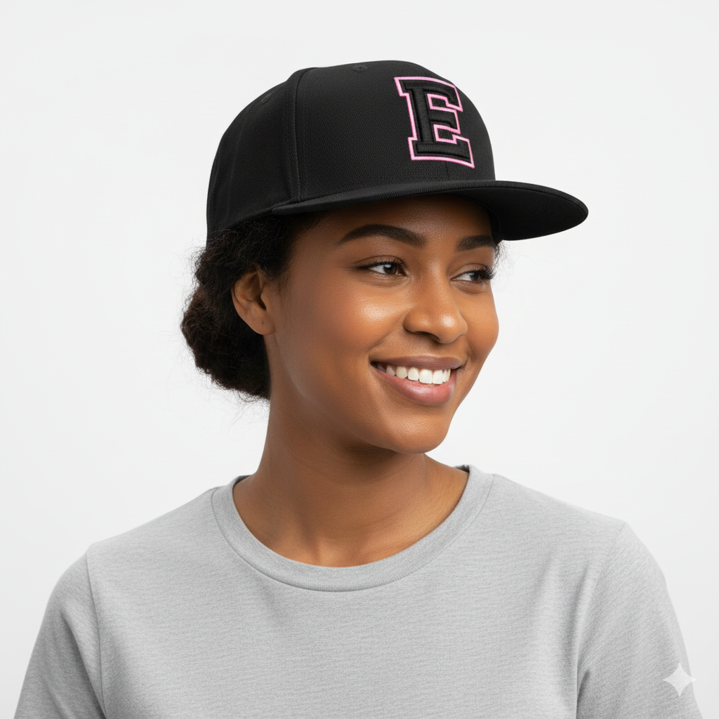 Black baseball cap with a pink embroidered letter ’e’ on the front.
