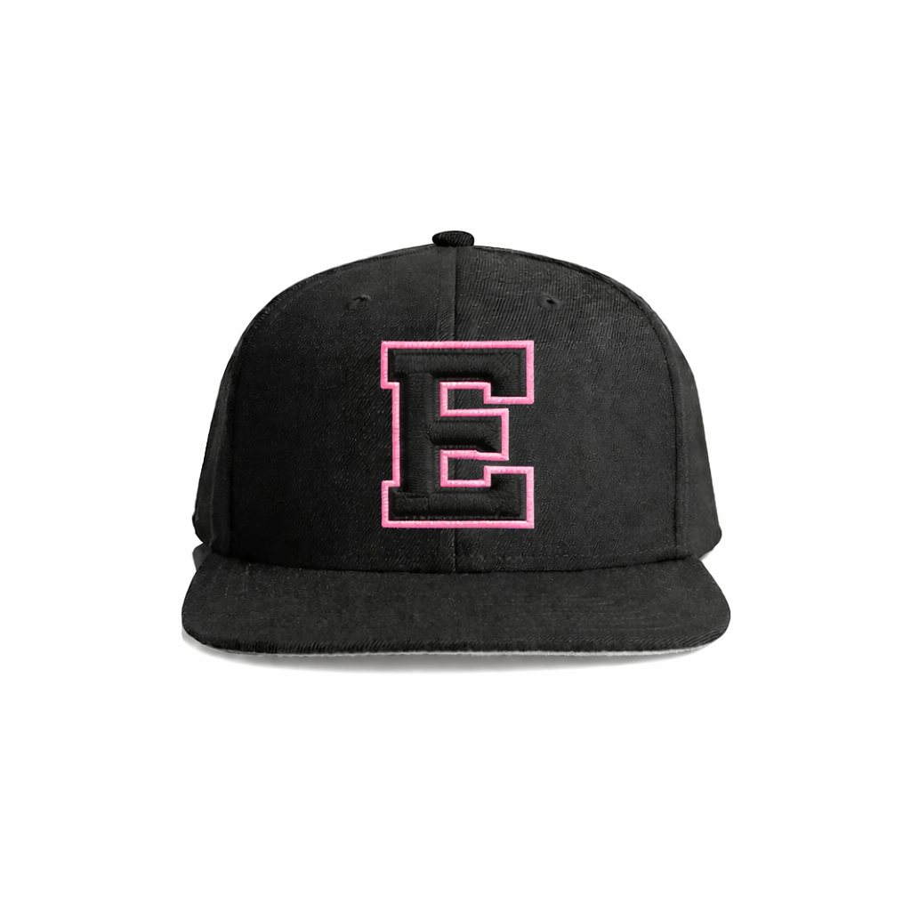 Black snapback cap with a bold pink embroidered letter ’e’ on the front.
