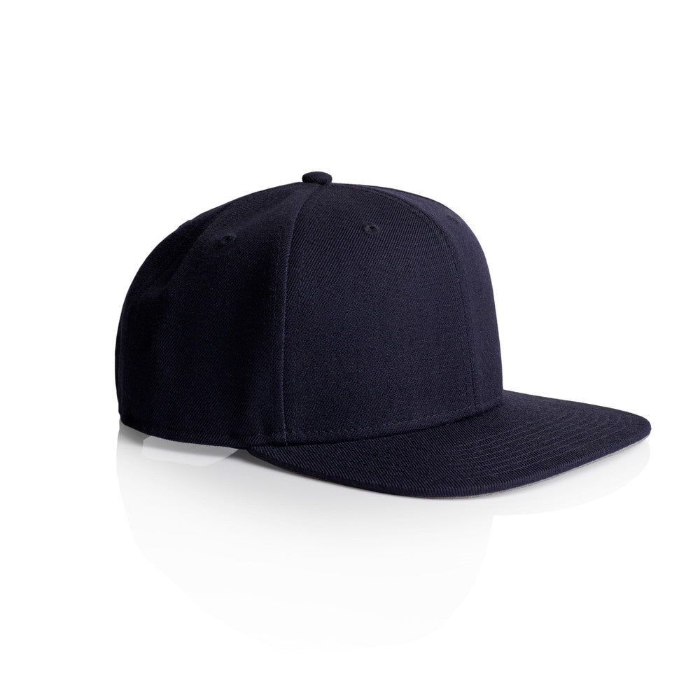 Black snapback cap with a flat brim and structured panels.