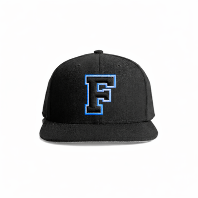 Black snapback cap featuring a bold, embroidered blue letter ’f’ with a stitched outline.