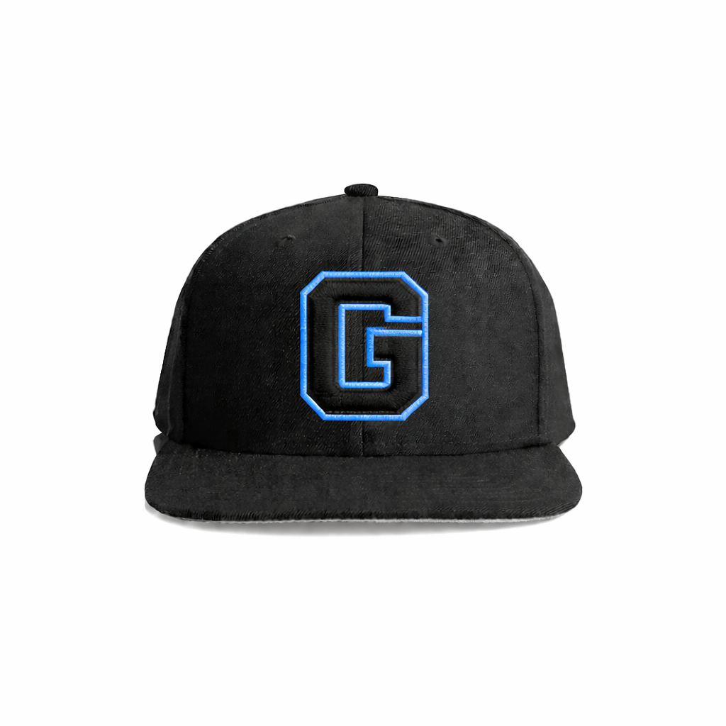 Black snapback cap with a bold blue embroidered letter ’g’ on the front.