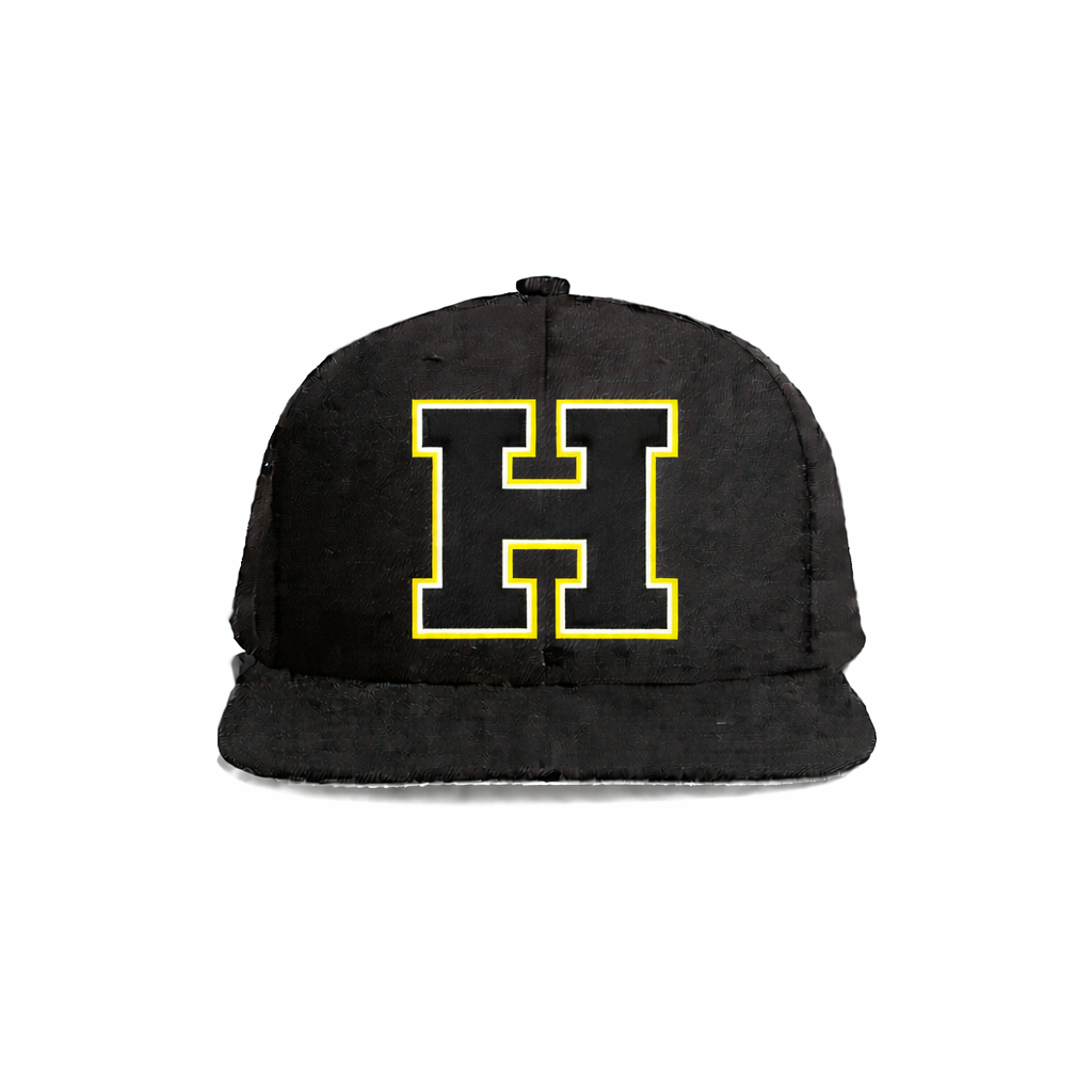 Black snapback cap with a bold yellow-outlined letter ’h’ embroidered on the front.