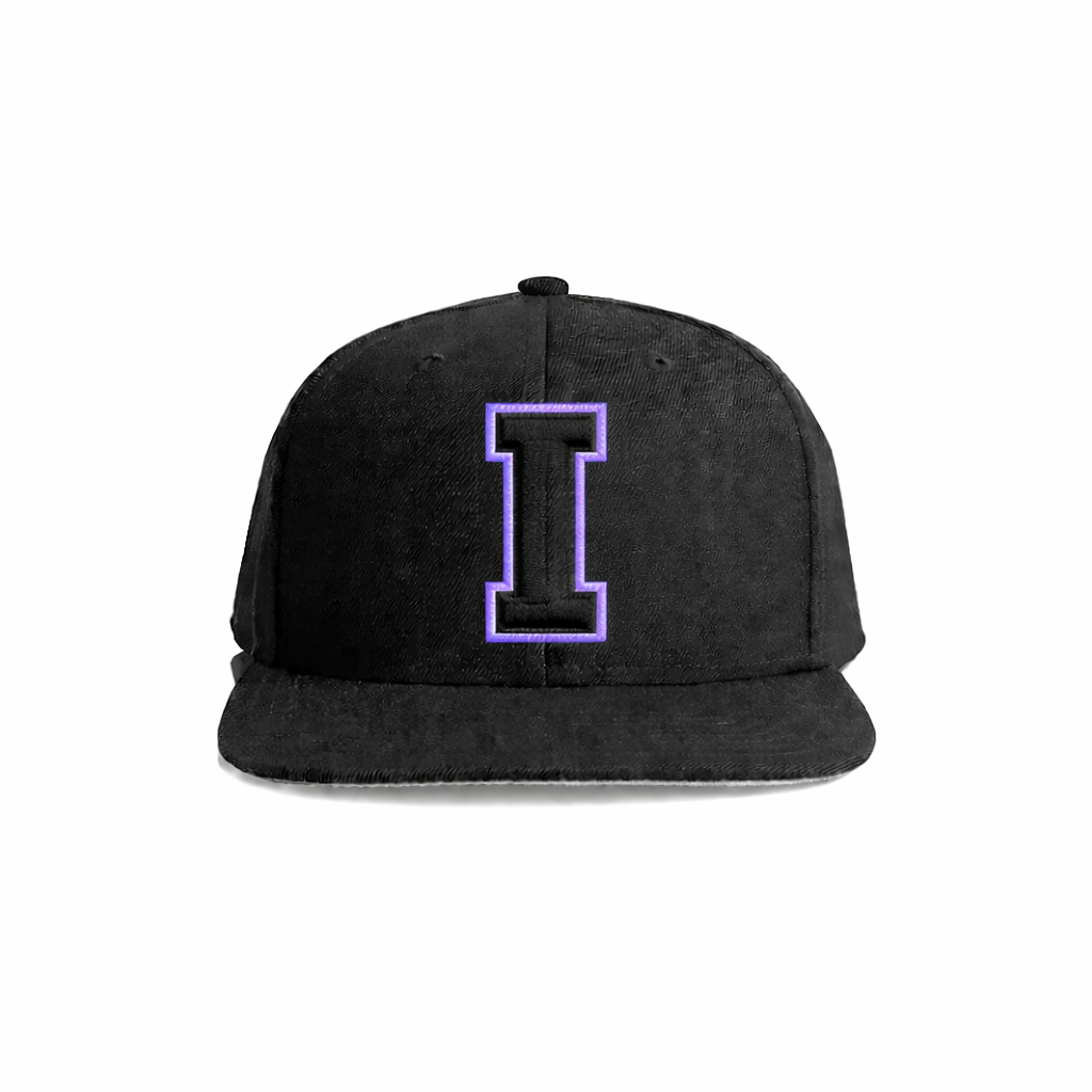 Black snapback cap with a purple-embroidered letter ’i’ on the front.