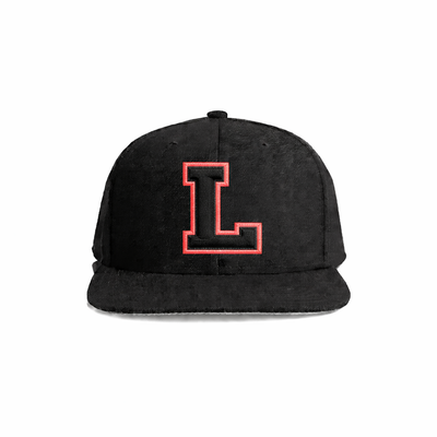 Black suede snapback cap featuring a bold red embroidered letter ’l’ on the front.
