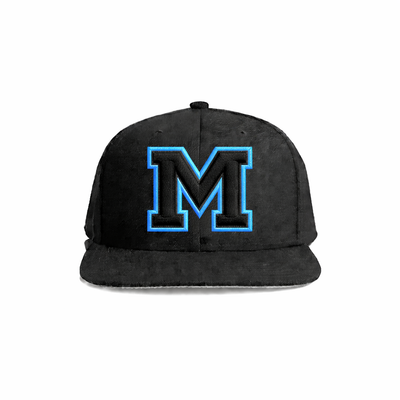 Black snapback cap with a bold blue-embroidered letter ’m’ on the front.
