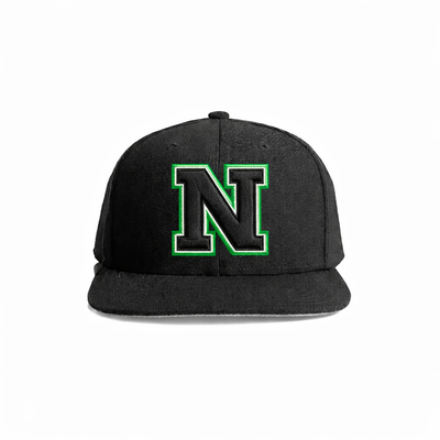 Black snapback cap featuring a bold, embroidered green-outlined ’n’ logo.