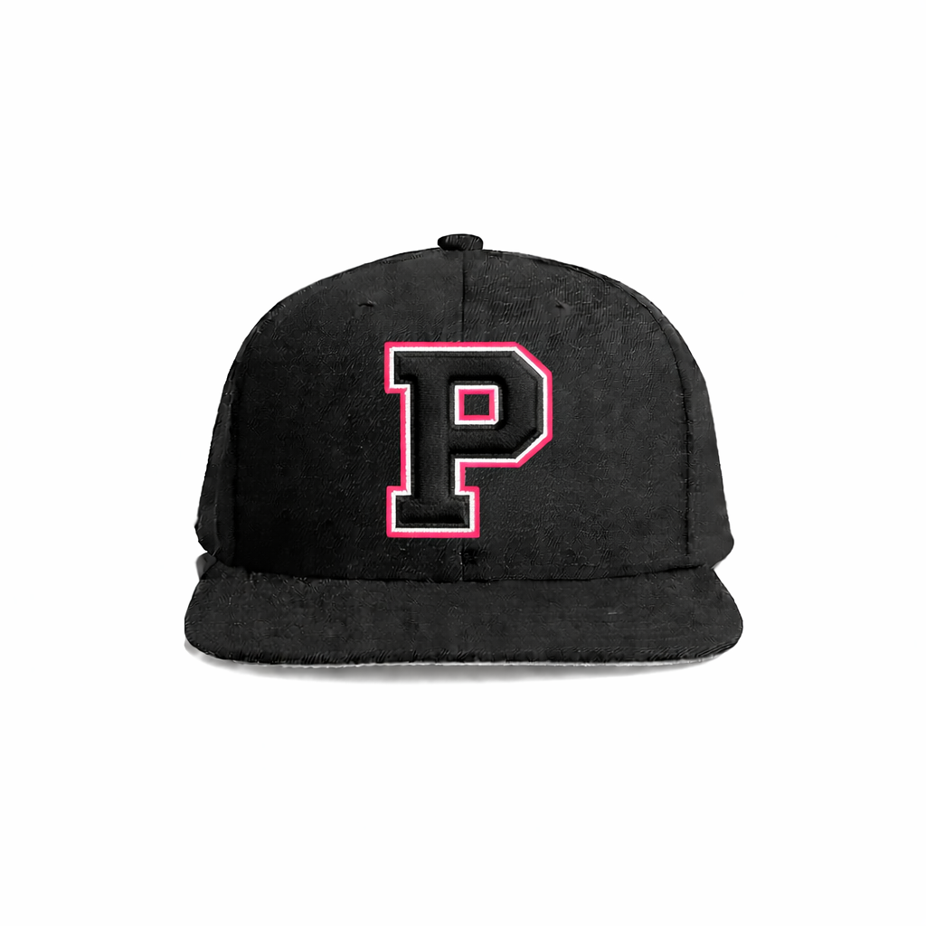Black velvet snapback cap featuring a bold pink-outlined letter ’p’ embroidered on the front.