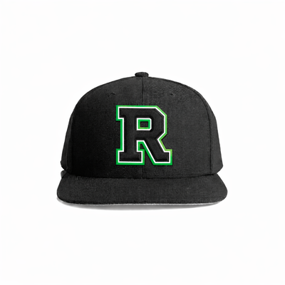 Black snapback cap featuring a bold, embroidered green and black letter ’r’ logo.