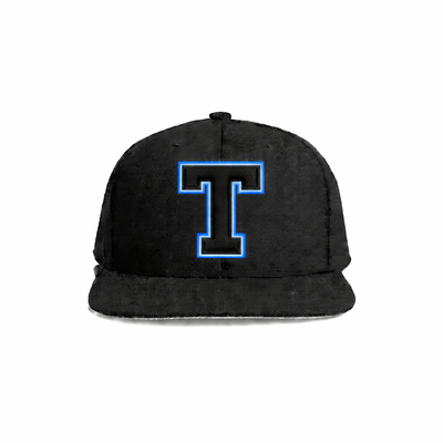 Black snapback cap with a bold blue neon-outlined letter ’t’ embroidered on the front.