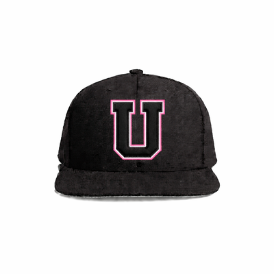 Black velvet snapback cap with a bold pink-outlined ’u’ embroidered on the front.