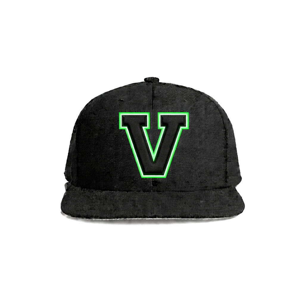 Black velvet snapback cap featuring a bold neon green outlined ’v’ logo.