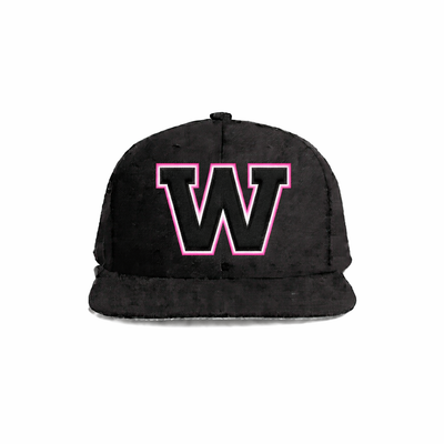 Black velvet snapback cap featuring a bold pink-outlined ’w’ logo.